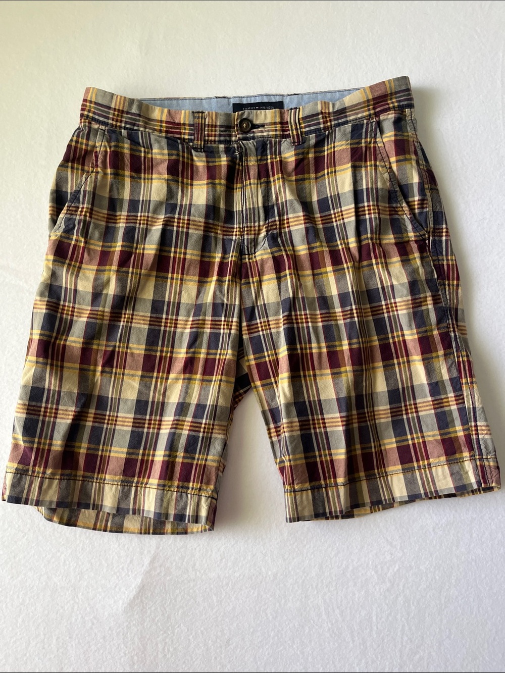 Tommy Hilfiger Yellow , Navy & Burgundy Plaid Flat-Front Men's Shorts